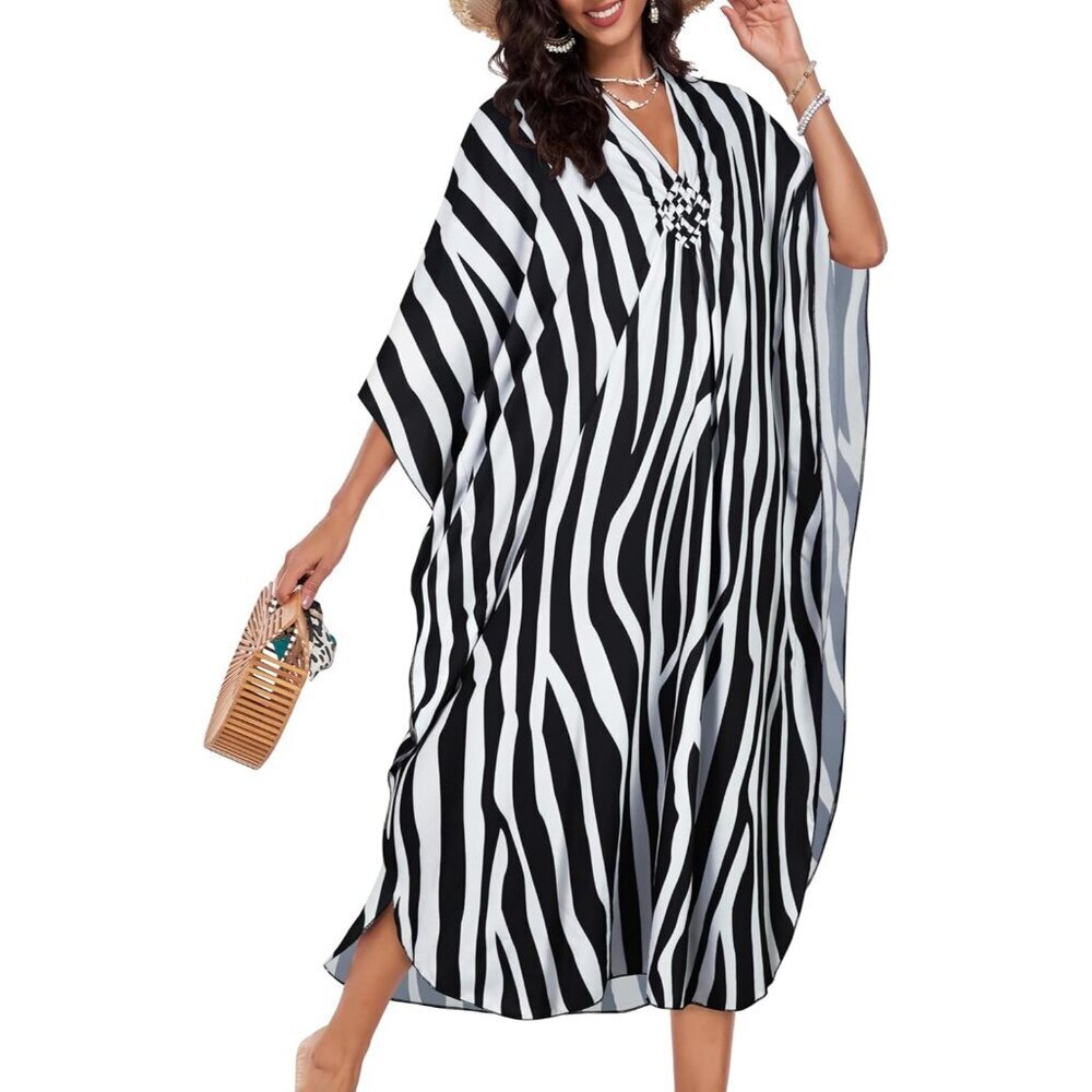 Women's Black White Strip V-Neck Batwing Sleeves Smocked Waist Maxi Kaftan Dress